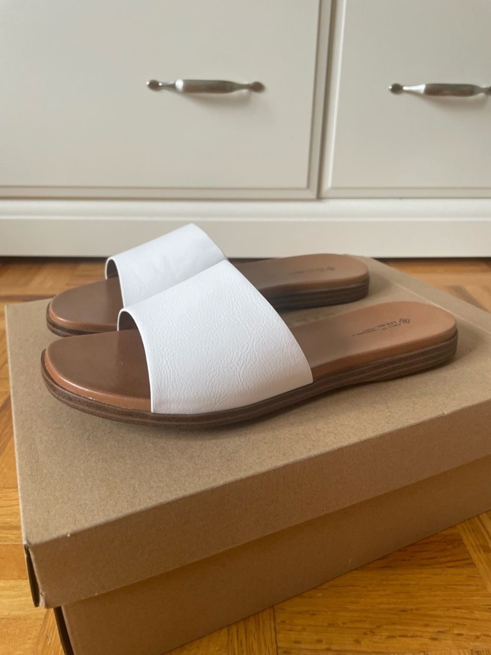 Call It Spring White Slide Sandals with Brown Footbed